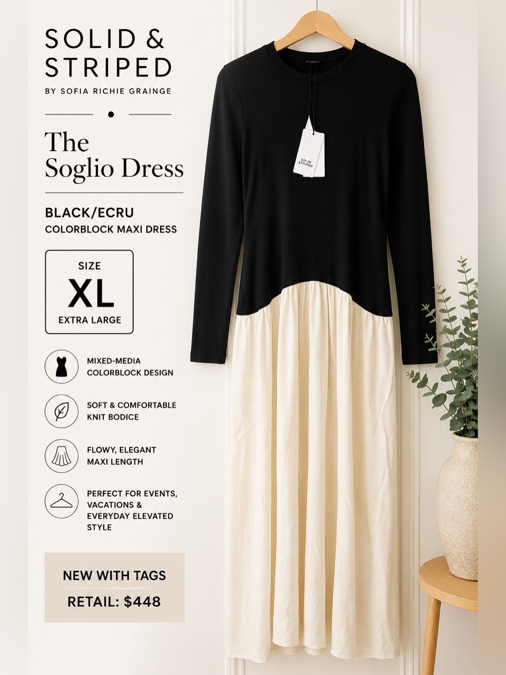 Solid & Striped The Soglio Dress XL Black Ecru Colorblock Maxi NWT $448